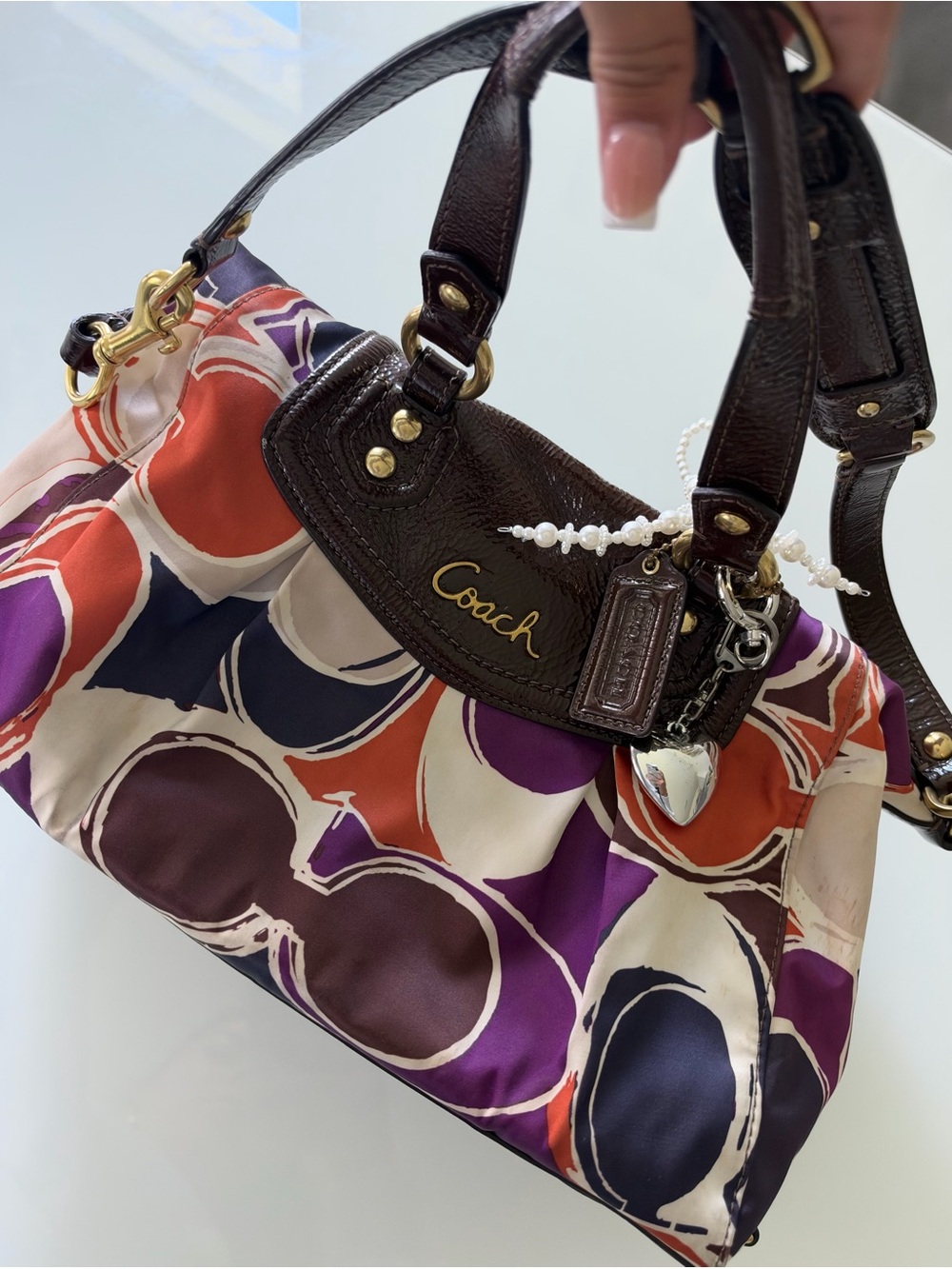 Coach Multicolor Signature Print Satchel Handbag Brown Leather Trim Y2K